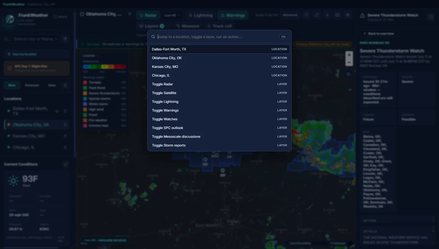 FrankWeather command palette interface
