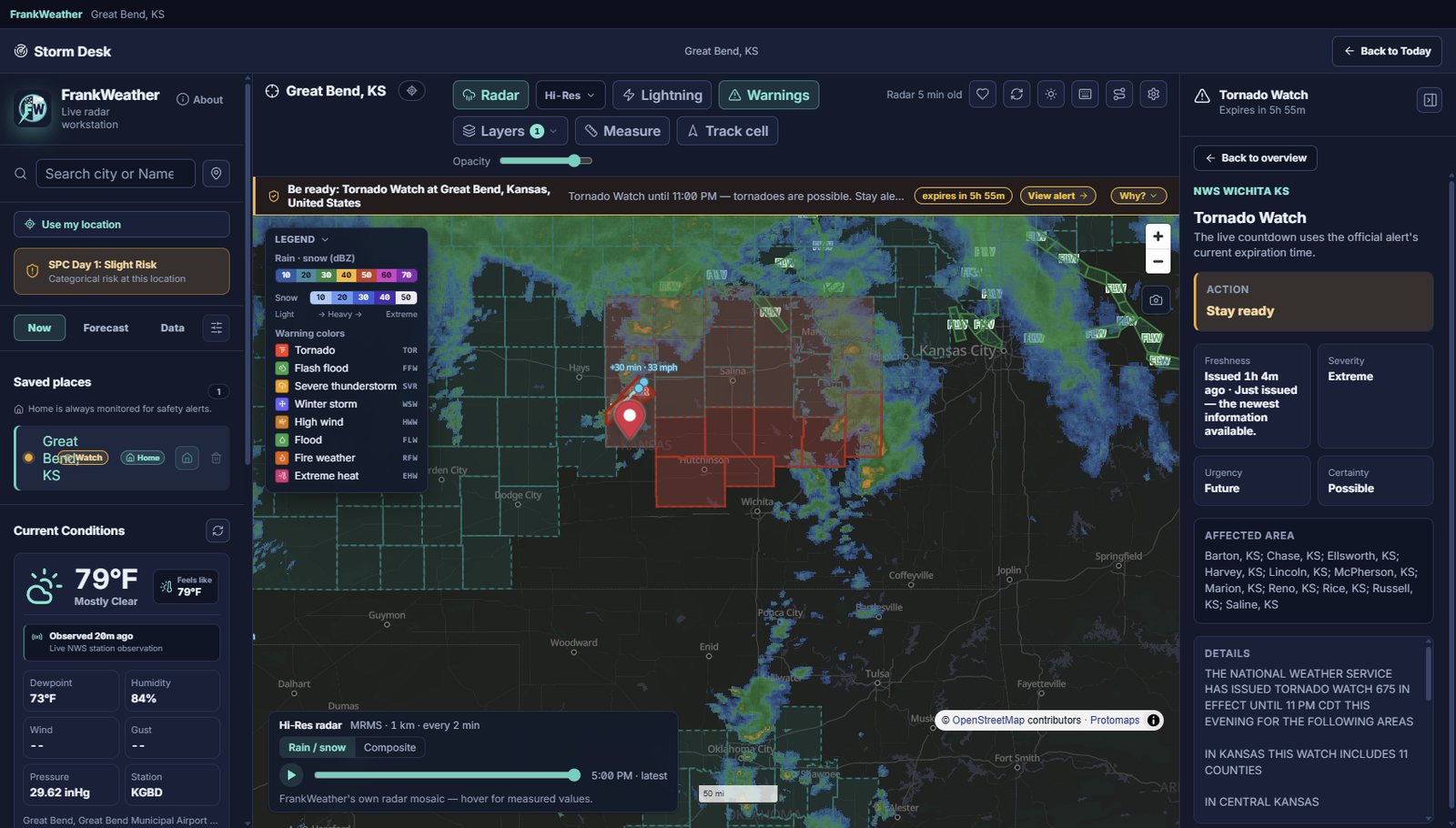 FrankWeather Storm Desk: Hi-Res radar over central Kansas with a tornado watch and the watch details panel